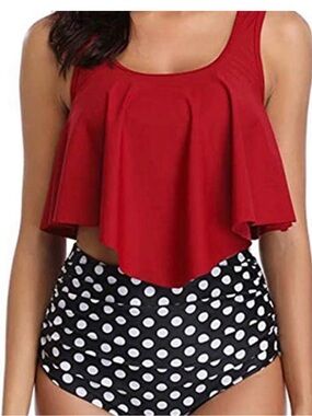 Red Flowy Tankini Top & Polka Dot Bottoms NWOT